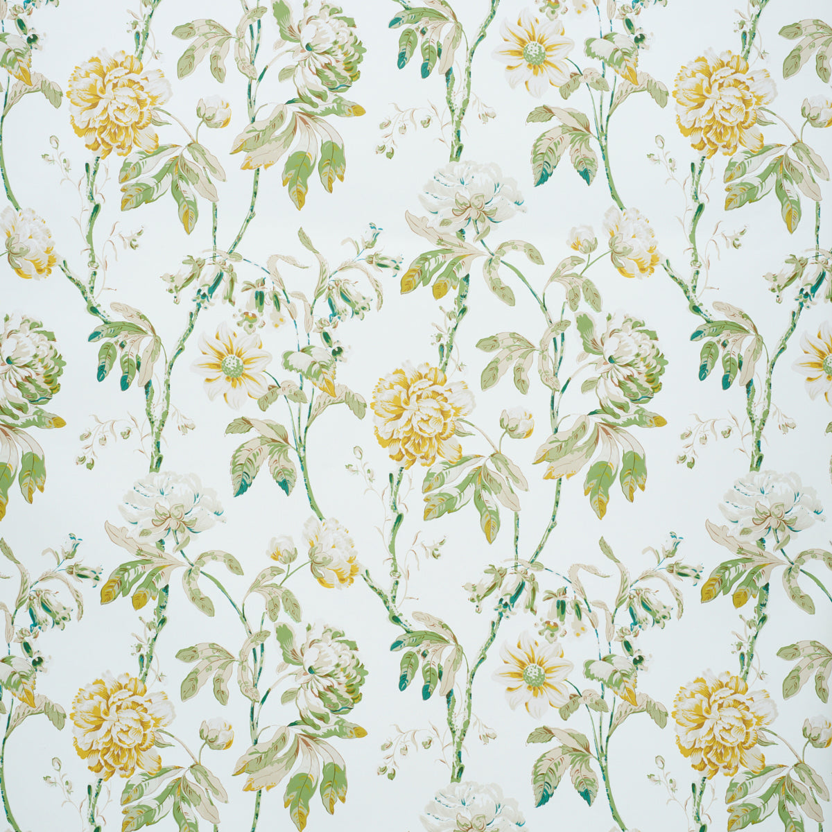 Watercolor floral wallpaper with yellow roses, white blooms and green vines on a pale background.