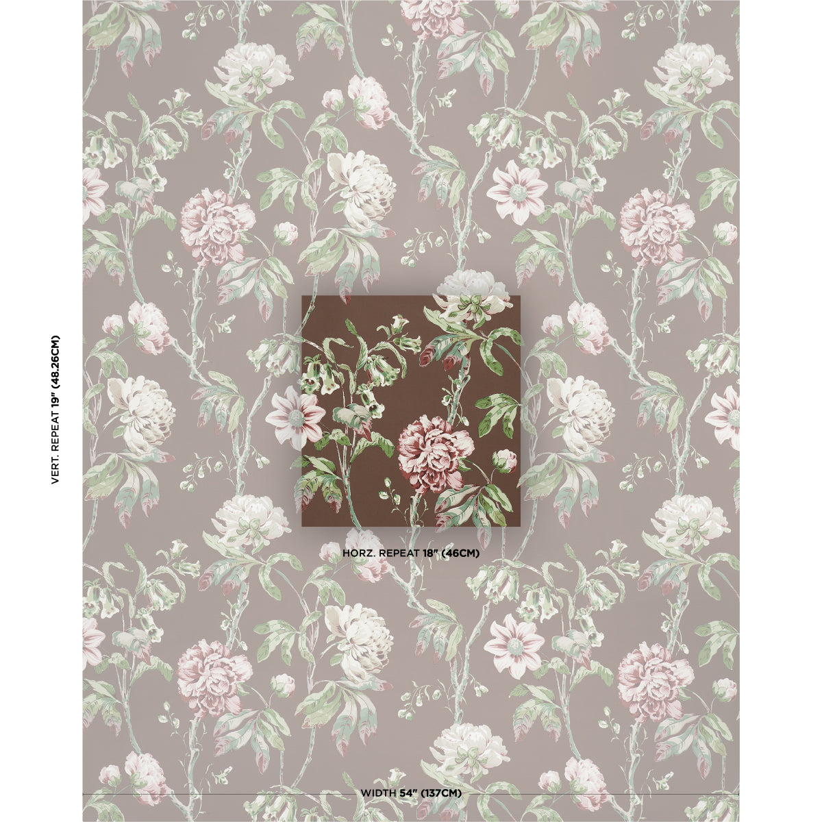Muted taupe wallpaper featuring pink and white roses with green leaves in a vintage floral pattern.