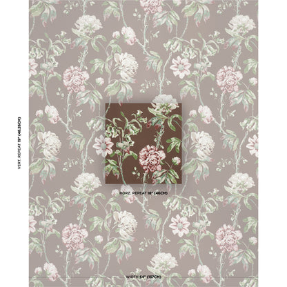 Muted taupe wallpaper featuring pink and white roses with green leaves in a vintage floral pattern.