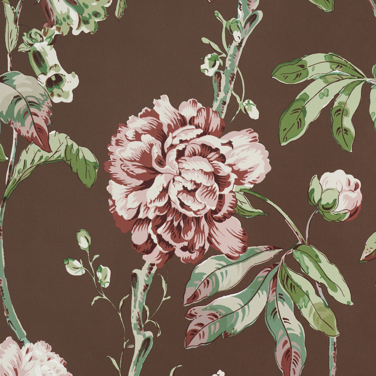 Brown background with oversized pink roses and green leaves in a vintage floral textile pattern.
