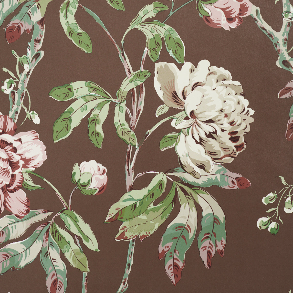 Brown background floral pattern with cream-pink peonies and green leaves.