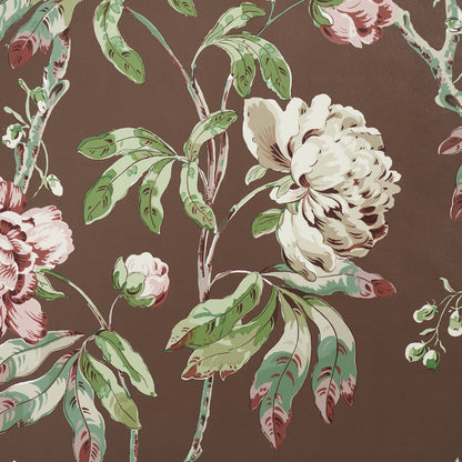 Brown background floral pattern with cream-pink peonies and green leaves.