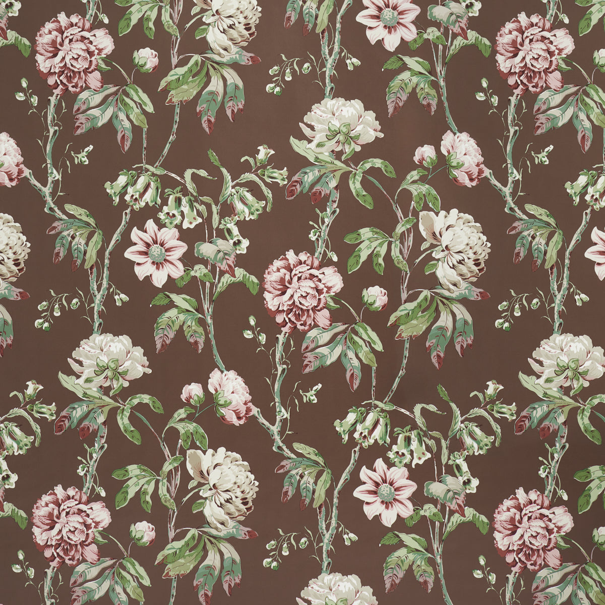 Brown background floral pattern with pink and ivory peonies and green leaves in vintage botanical style.