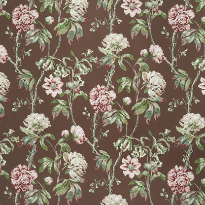 Brown background floral pattern with pink and ivory peonies and green leaves in vintage botanical style.