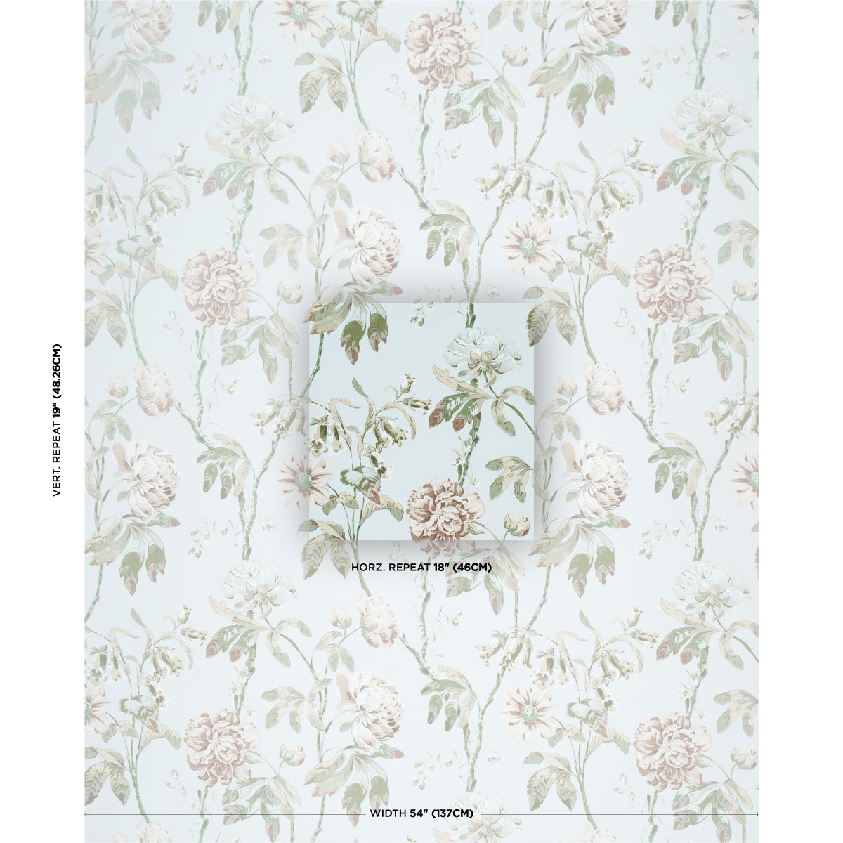 Pastel floral wallpaper with pink roses and green leaves on white, vintage damask-style repeating pattern.