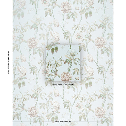 Pastel floral wallpaper with pink roses and green leaves on white, vintage damask-style repeating pattern.