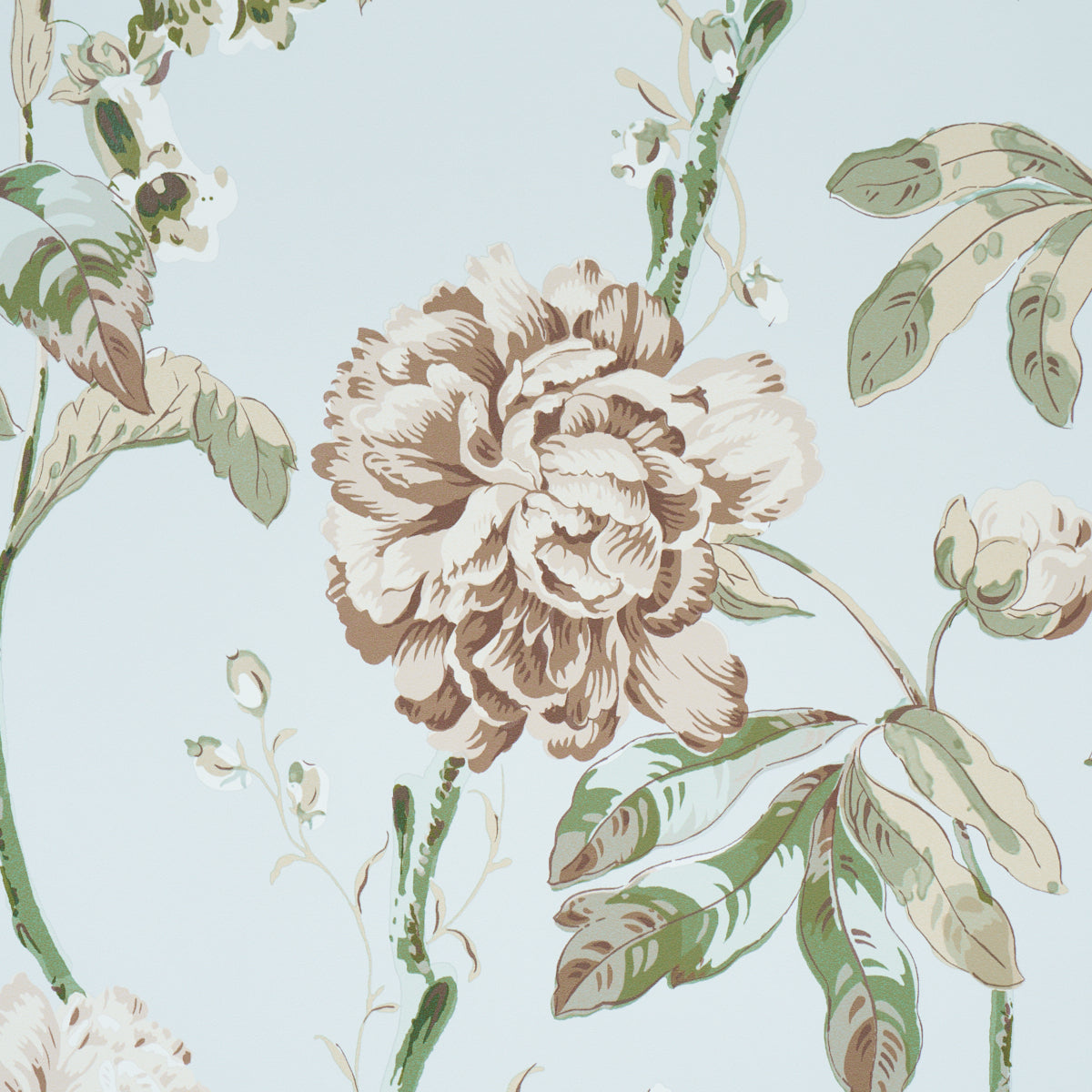 Beige peony blossoms with green leaves on a pale blue background; botanical floral print suitable for wallpaper or fabric.