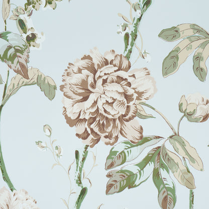 Beige peony blossoms with green leaves on a pale blue background; botanical floral print suitable for wallpaper or fabric.
