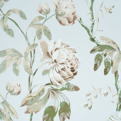 Pastel floral wallpaper featuring cream peonies & green leaves on a light blue background.