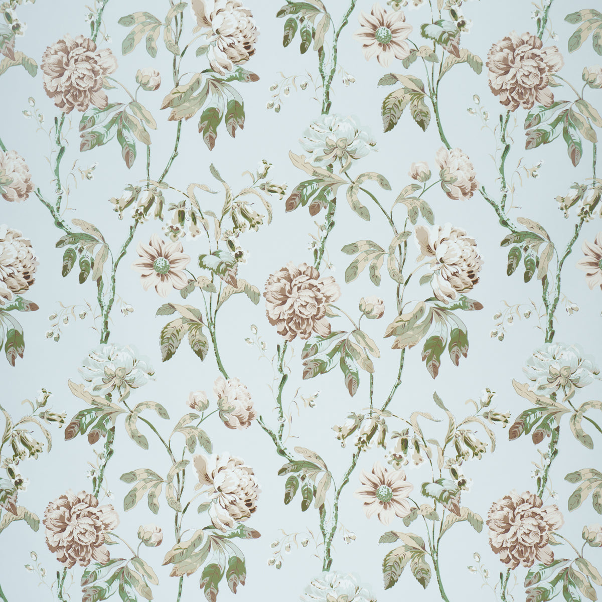 Pastel floral wallpaper with a light blue background, pink roses and green leaves in a vintage botanical pattern.
