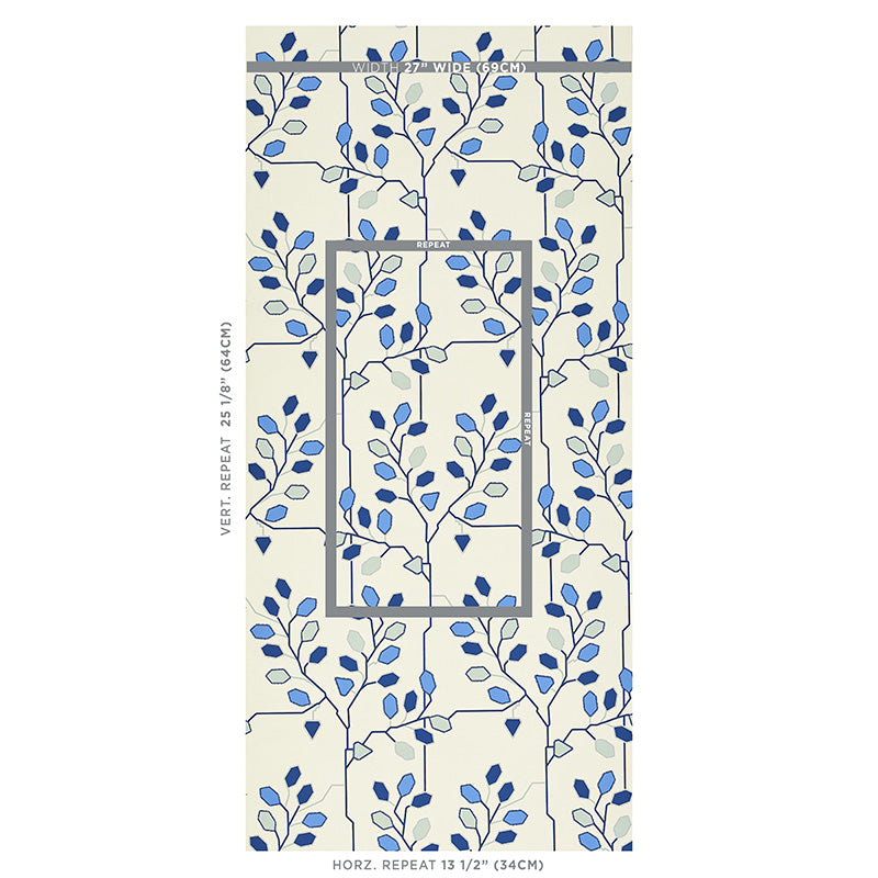 Cream wallpaper with a blue botanical vine pattern and small leaves; vertical repeating design framed by rectangular panels.