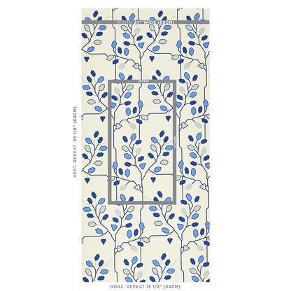 Cream wallpaper with a blue botanical vine pattern and small leaves; vertical repeating design framed by rectangular panels.