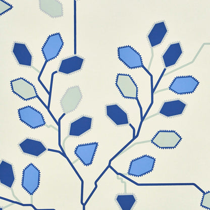 Neisha Crosland Tumble Weed Delft Blue Schumacher designer wallpaper with elegant arboreal espalier pattern, perfect for stylish accent walls and luxury interiors.
