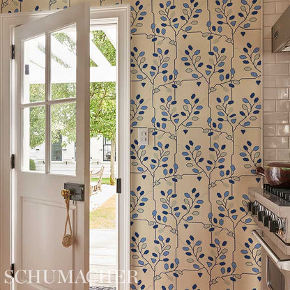 Neisha Crosland Tumble Weed Delft Blue Schumacher designer wallpaper with elegant arboreal espalier pattern, perfect for stylish accent walls and luxury interiors.