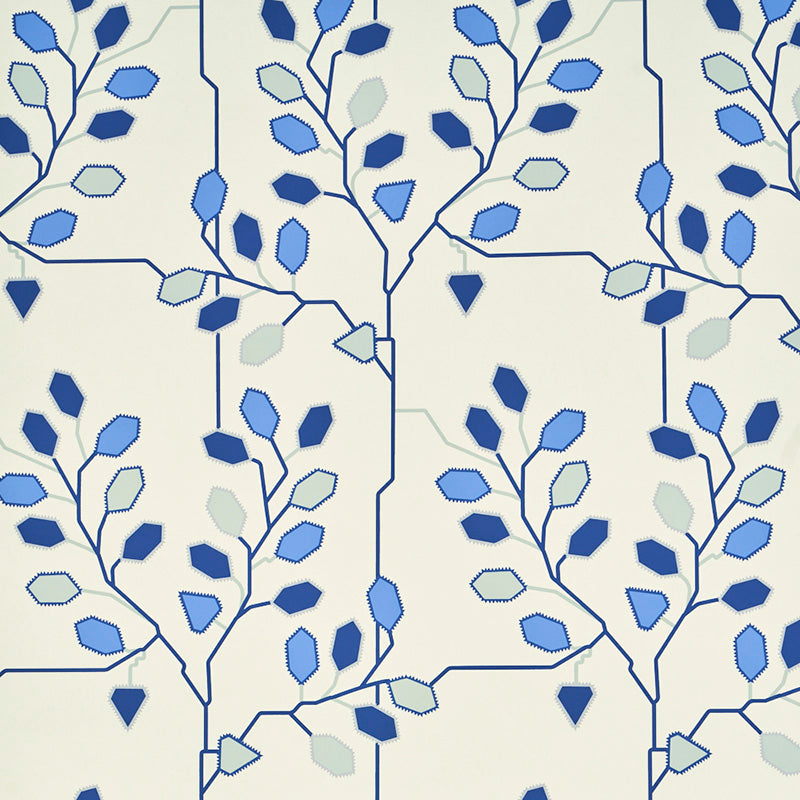 Repeating blue-leaf botanical wallpaper on pale cream background; geometric branches with diamond-shaped leaves in navy and light blues.