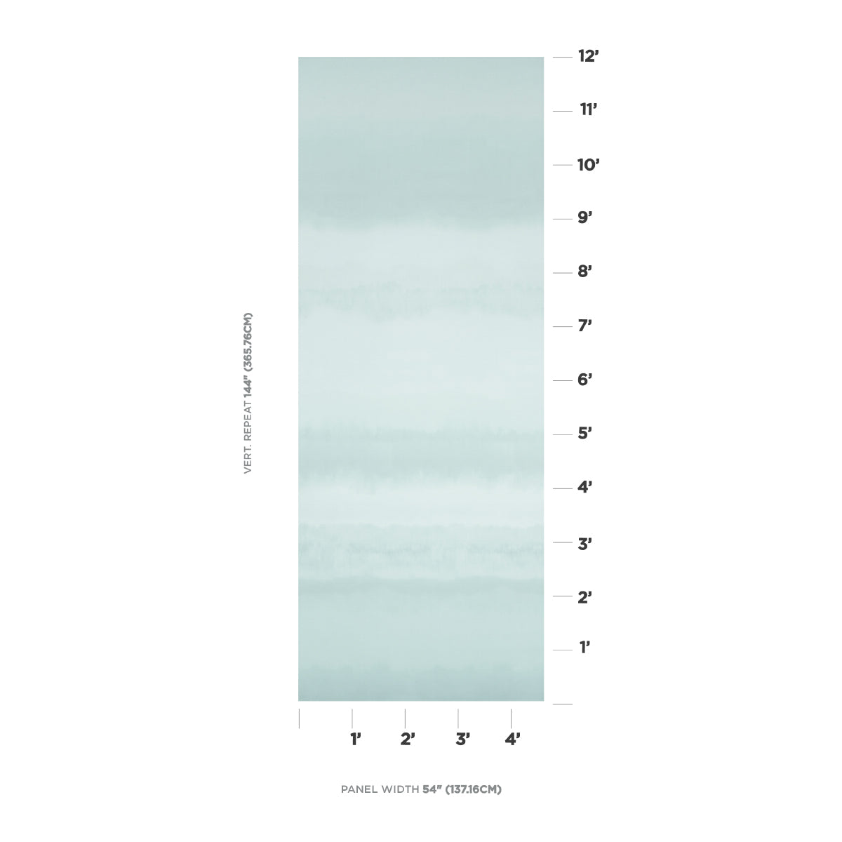 Teal-blue fabric panel with subtle horizontal bands; tall rectangle with measurement scales on the right and bottom, 54" wide.