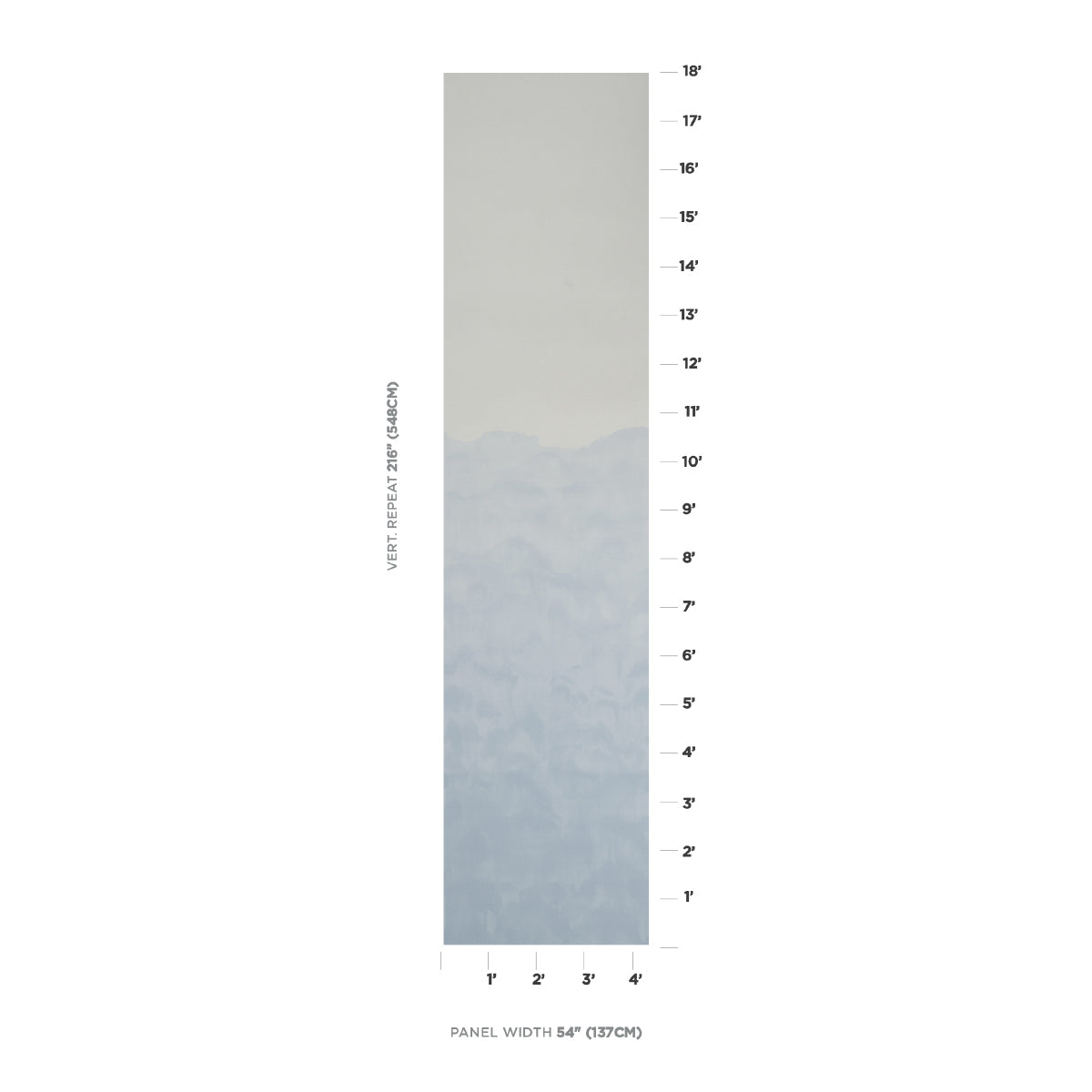 Tall rectangular wall mural panel with blue misty mountains fading into pale gray sky; 54" wide.