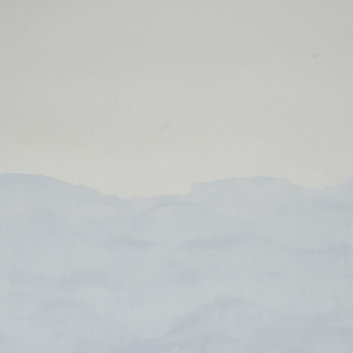 Pastel abstract landscape with pale blue hills under a creamy sky, minimalist wall art panel.