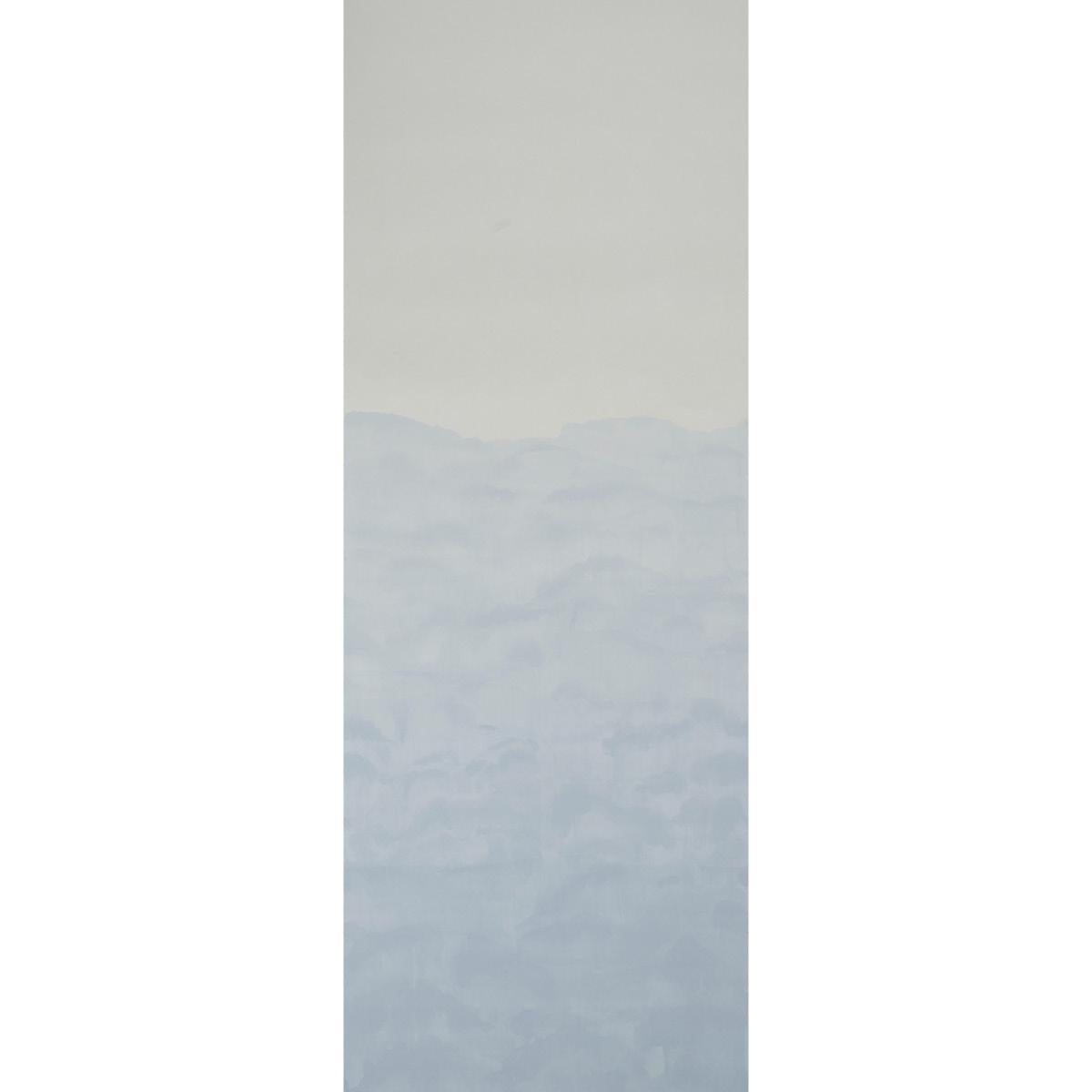 Vertical abstract landscape panel with pale beige sky and soft blue mountains in muted tones.