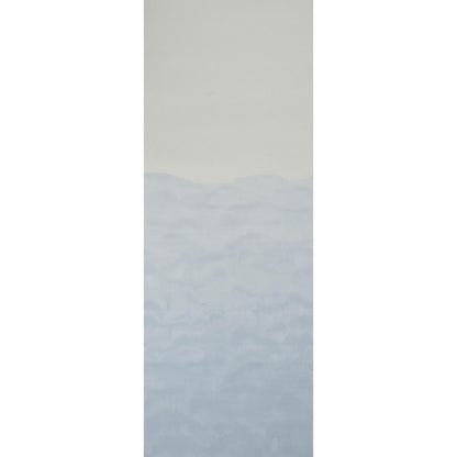 Vertical abstract landscape panel with pale beige sky and soft blue mountains in muted tones.
