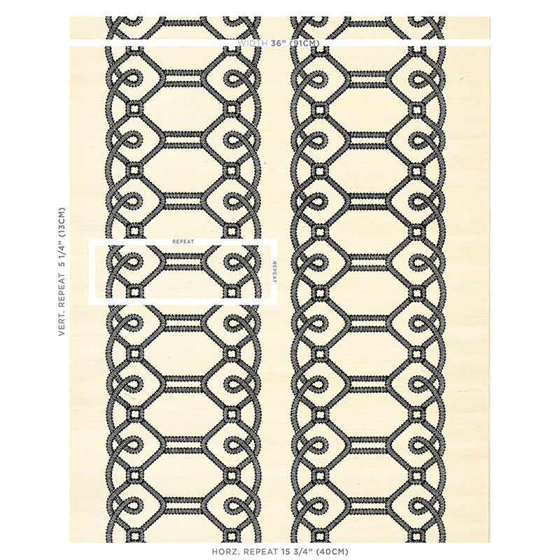 Black geometric lace trim with chain-link and hexagon motifs on cream fabric; decorative sample for fashion or decor.