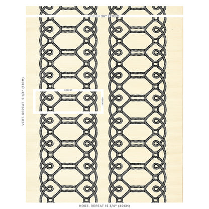 Black geometric lace trim with chain-link and hexagon motifs on cream fabric; decorative sample for fashion or decor.