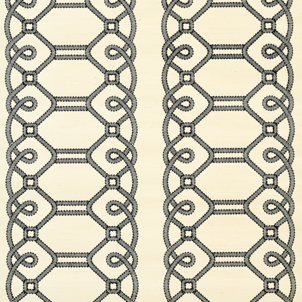 Black embroidered sisal fabric sample with a geometric pattern; suitable for curtains or upholstery.