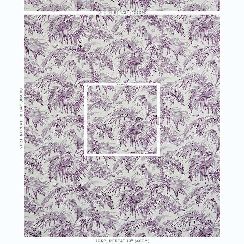 Lilac-purple tropical palm leaf pattern, seamless repeat design for fabric or wallpaper.