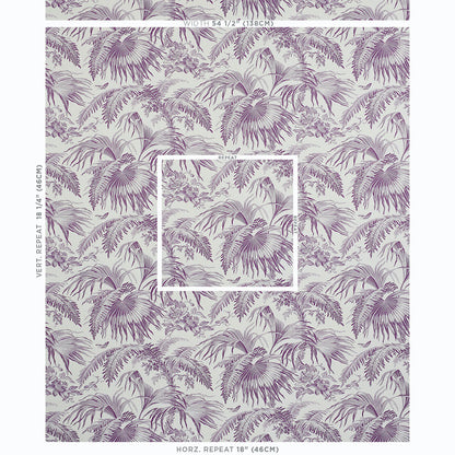Lilac-purple tropical palm leaf pattern, seamless repeat design for fabric or wallpaper.