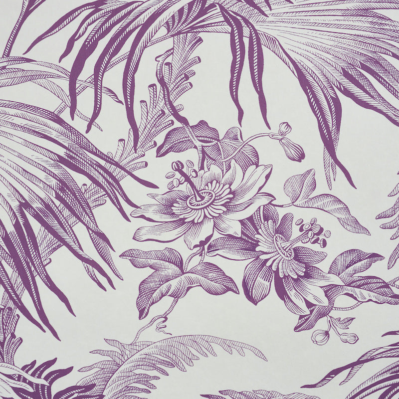 Line-drawn purple botanical pattern with palm leaves and blossoms on a pale background; fabric or wallpaper motif.