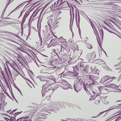 Line-drawn purple botanical pattern with palm leaves and blossoms on a pale background; fabric or wallpaper motif.
