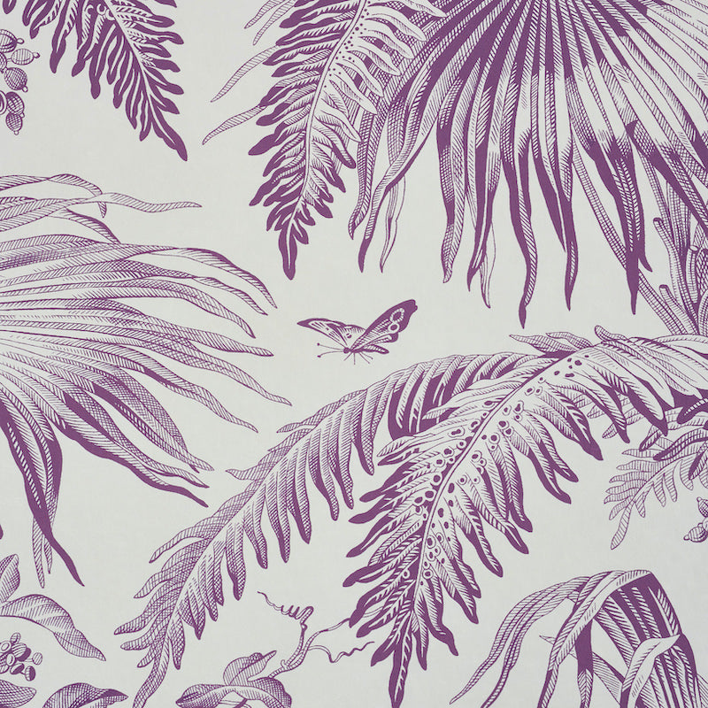 Purple tropical palm leaf pattern with butterfly on pale gray background.