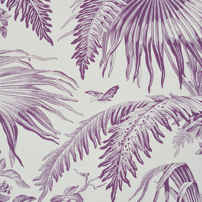 Purple tropical palm leaf pattern with butterfly on pale gray background.
