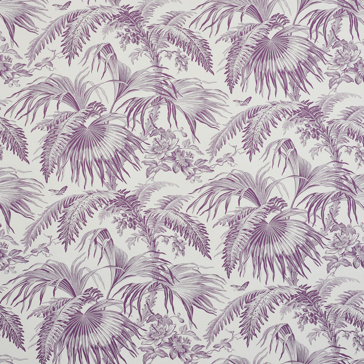 Purple lilac palm leaves tropical wallpaper pattern on light cream background.