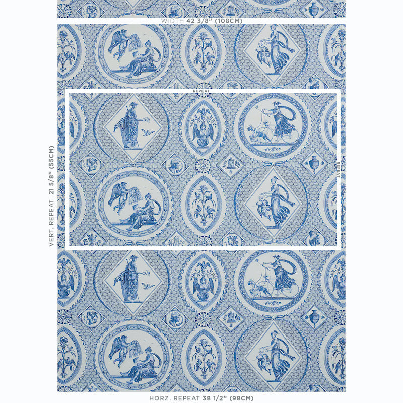 Blue and white Delft-style wallpaper with repeating medallions featuring horse riders, floral motifs and geometric frames.