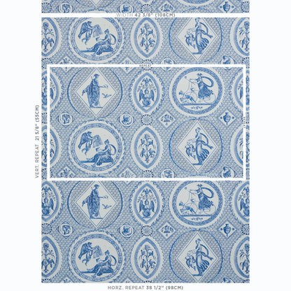 Blue and white Delft-style wallpaper with repeating medallions featuring horse riders, floral motifs and geometric frames.