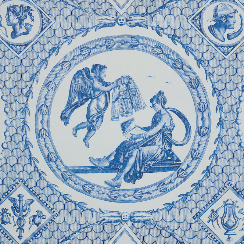 Blue and white Delftware tile; central circle with winged angel presenting a cloak to a seated woman, ornate scalloped border.