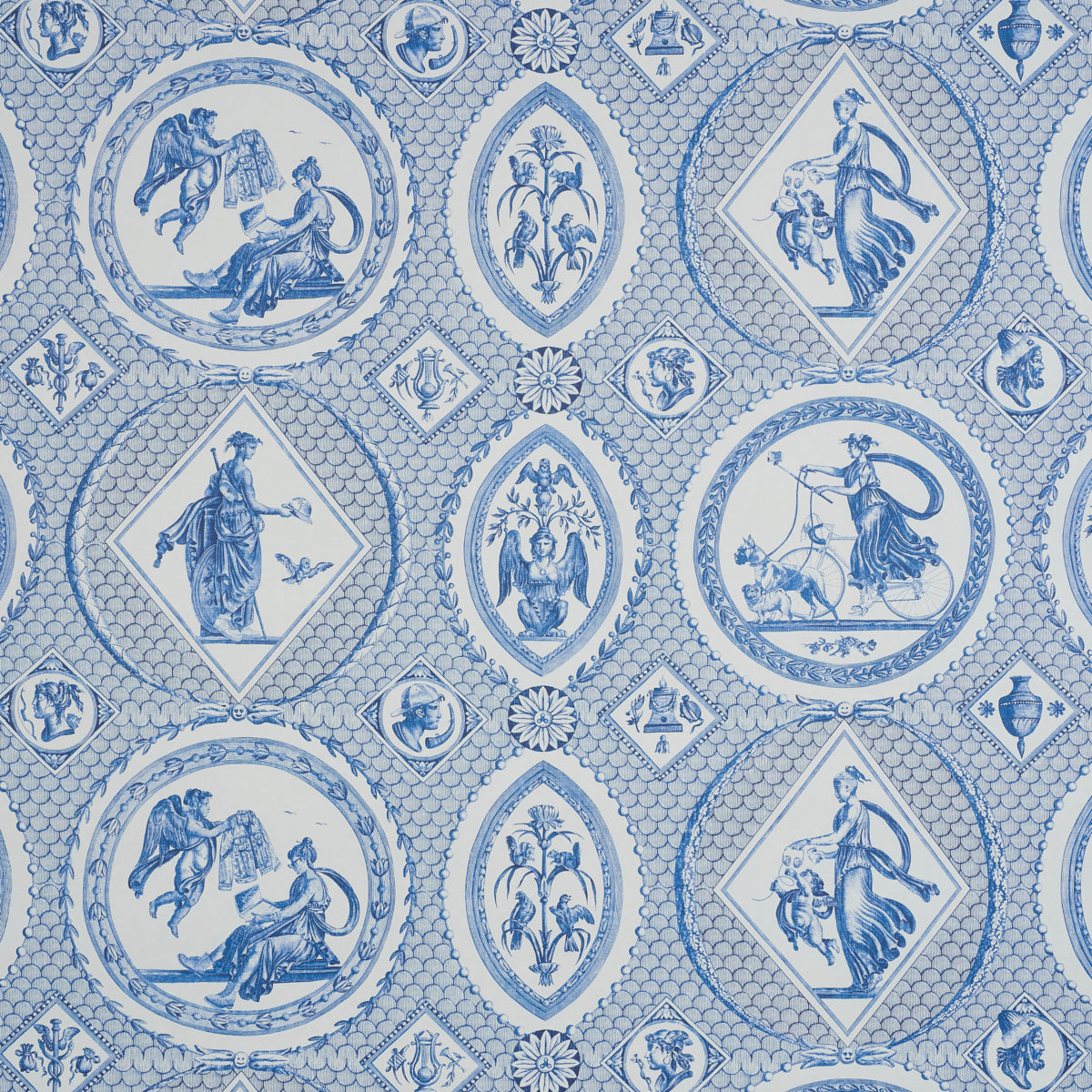 Blue and white toile pattern with circular medallions featuring classical scenes on a lattice background; wallpaper.