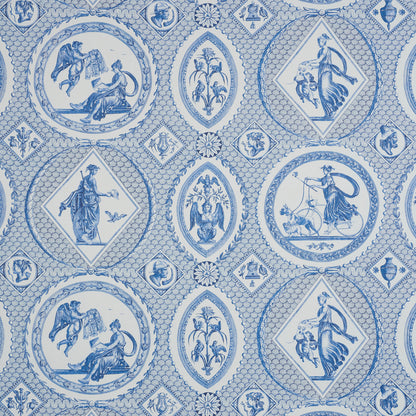 Blue and white toile pattern with circular medallions featuring classical scenes on a lattice background; wallpaper.