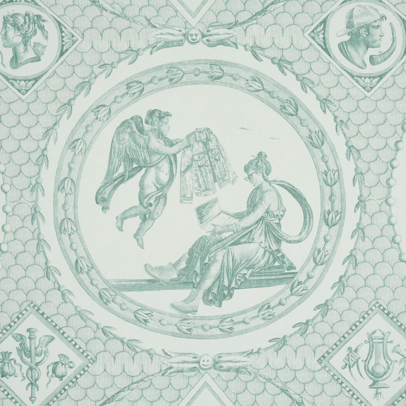 Teal-green circular medallion print showing a winged figure presenting robes to a seated woman; ornate border with diamond corner motifs.