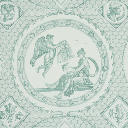 Teal-green circular medallion print showing a winged figure presenting robes to a seated woman; ornate border with diamond corner motifs.
