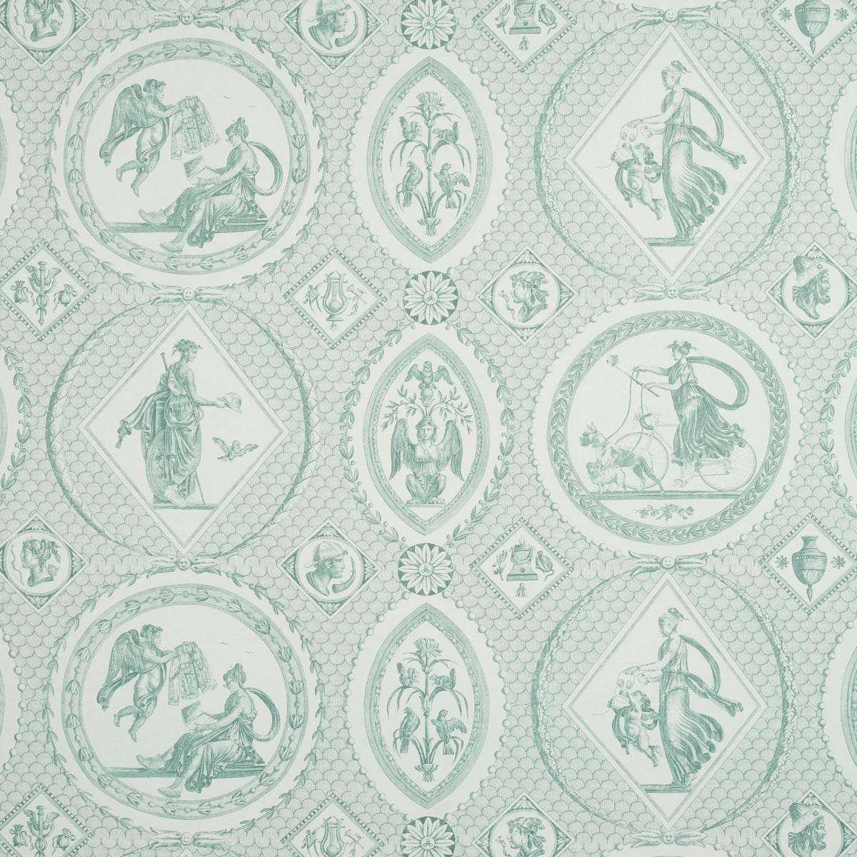 Mint teal Grecian medallion pattern wallpaper featuring classical figures and diamond borders, repeating.