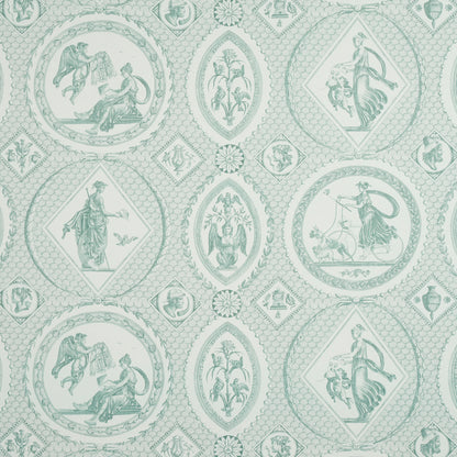 Mint teal Grecian medallion pattern wallpaper featuring classical figures and diamond borders, repeating.