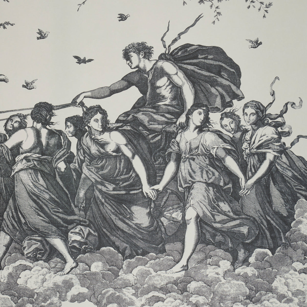 Black-and-white engraving of robed mythic figures marching through clouds, central hero with flowing cape, birds overhead.