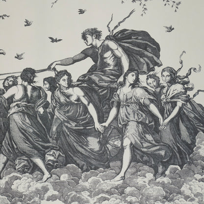Black-and-white engraving of robed mythic figures marching through clouds, central hero with flowing cape, birds overhead.
