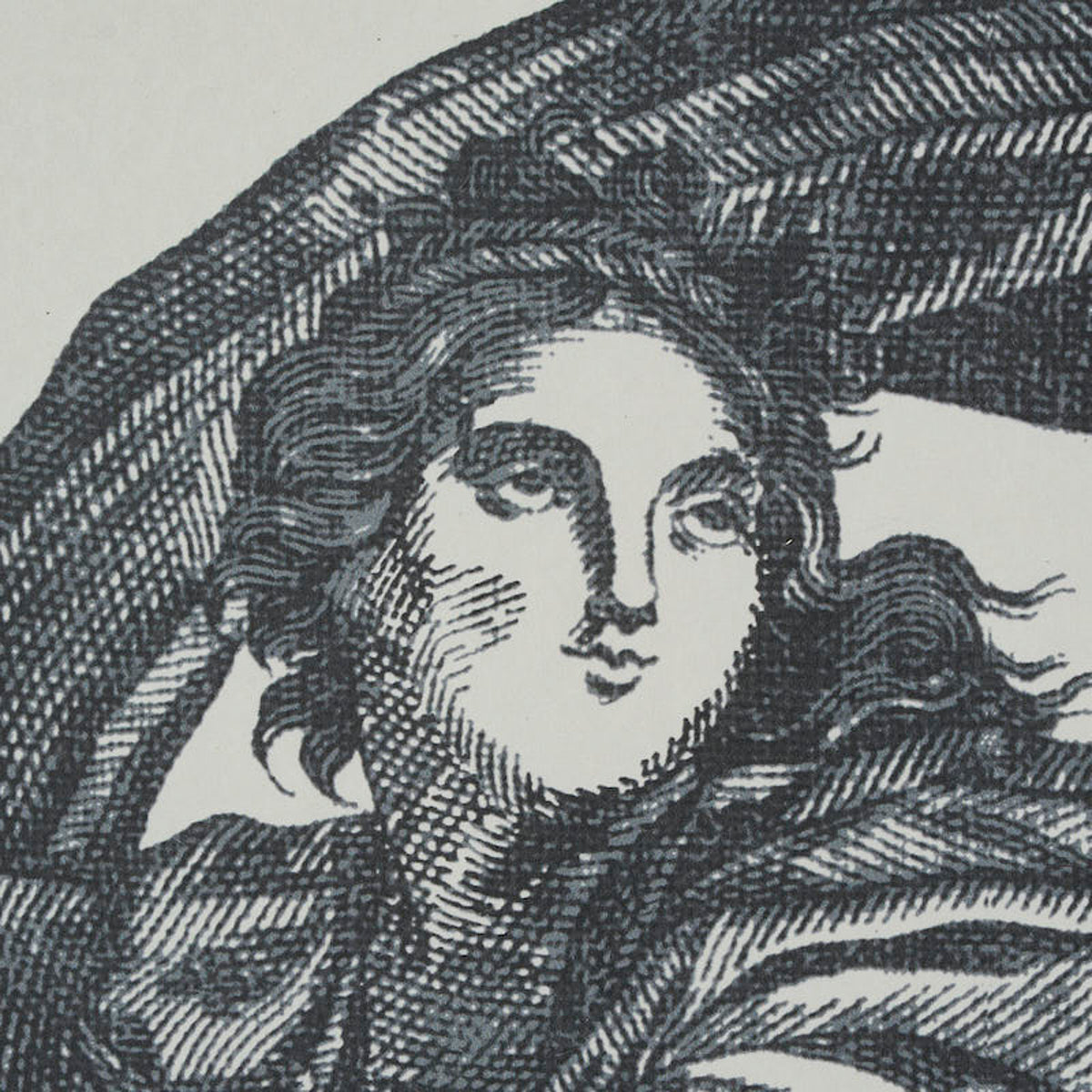 Black-and-white vintage engraving-style illustration with flowing hair; dense cross-hatching and a central obscured square.