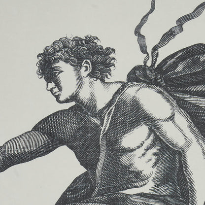 Monochrome engraving-style illustration of a muscular male hero with flowing cape and outstretched arm.