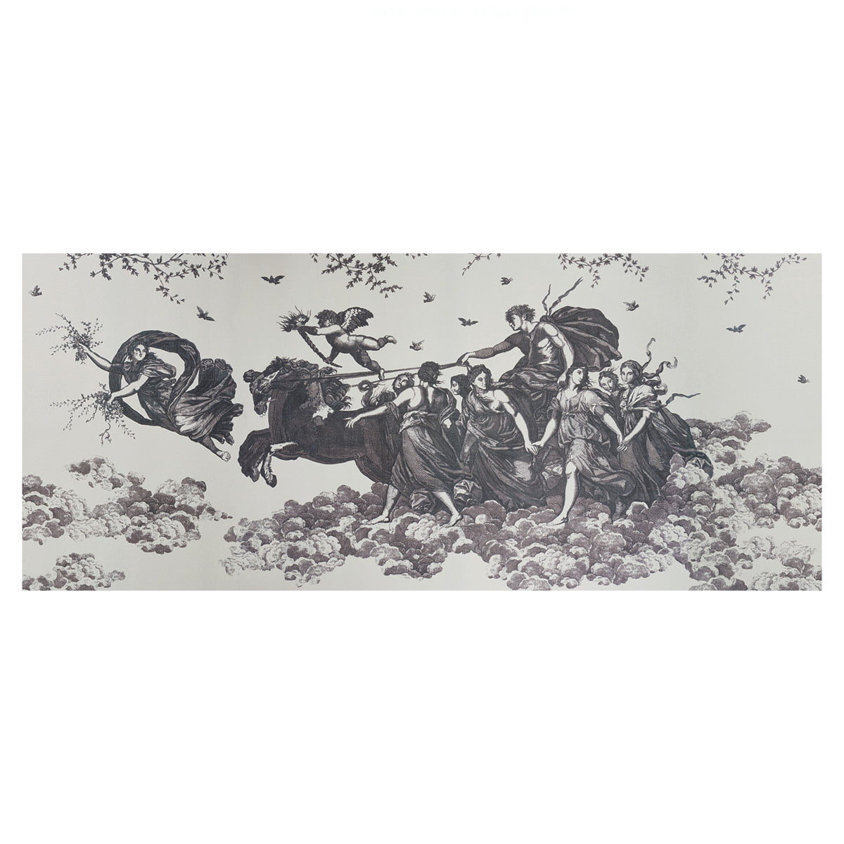 Vintage black-and-white engraving of robed figures riding a horse-drawn chariot through clouds in a mythic procession.