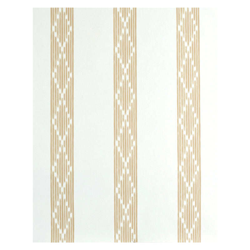 Gold and beige vertical striped wallpaper with intricate geometric pattern on white background.