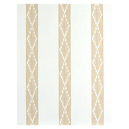 Gold and beige vertical striped wallpaper with intricate geometric pattern on white background.